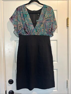 Nicole by Nicole Miller Teal & Purple Paisley V-Neck Dress with Black Skirt